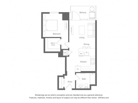 Floor plan for 1 bed, 1 bath, 672 sqft